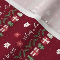 Christmas Quilt Binding Stripes | Micro Poinsettias, Holly Leaves and Berries, Christmas Gifts on Cranberry Red Deep Red