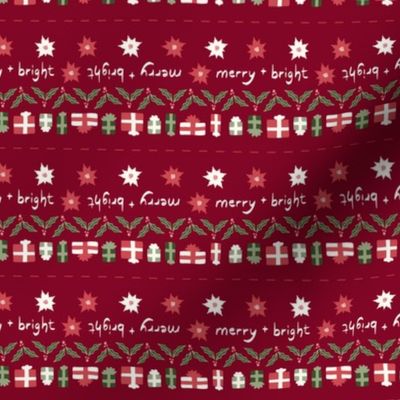 Christmas Quilt Binding Stripes | Micro Poinsettias, Holly Leaves and Berries, Christmas Gifts on Cranberry Red Deep Red