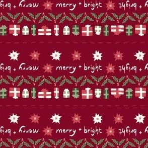Christmas Quilt Binding Stripes | Micro Poinsettias, Holly Leaves and Berries, Christmas Gifts on Cranberry Red Deep Red