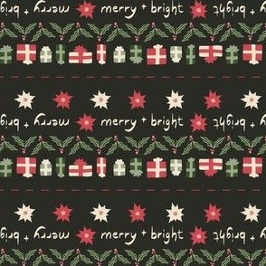 Christmas Quilt Binding Stripes | Micro Poinsettias, Holly Leaves and Berries, Christmas Gifts on Soft Black