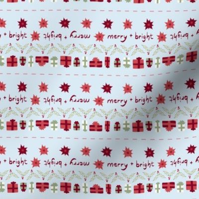 Christmas Quilt Binding Stripes | Micro Poinsettias, Holly Leaves and Berries, Christmas Gifts on Ice Blue Pastel Blue