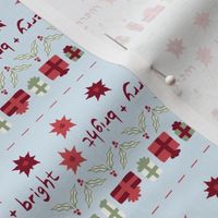 Christmas Quilt Binding Stripes | Micro Poinsettias, Holly Leaves and Berries, Christmas Gifts on Ice Blue Pastel Blue