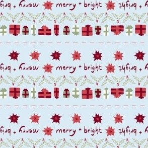 Christmas Quilt Binding Stripes | Micro Poinsettias, Holly Leaves and Berries, Christmas Gifts on Ice Blue Pastel Blue