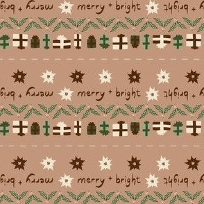 Christmas Quilt Binding Stripes | Micro Poinsettias, Holly Leaves and Berries, Christmas Gifts on Caramel Taupe Light Brown