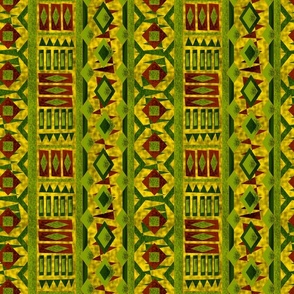 Green, burgundy ethnic pattern on a yellow background.