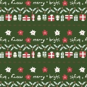 Christmas Quilt Binding Stripes | Micro Poinsettias, Holly Leaves and Berries, Christmas Gifts on Evergreen Dark Green