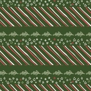 Christmas Quilt Binding Stripes | Micro Christmas Stars, Leaves, and Candy Stripes on Evergreen Dark Green
