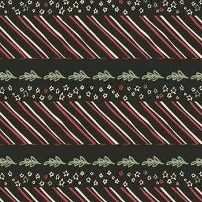 Christmas Quilt Binding Stripes | Micro Christmas Stars, Leaves, and Candy Stripes on Soft Black Off Black
