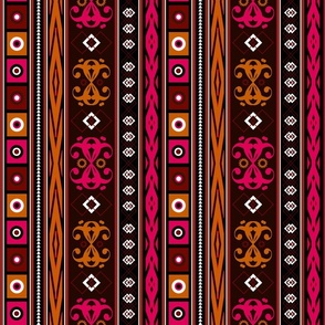 Ethnic striped pattern. Raspberry, mustard, black ornament on a brown background.