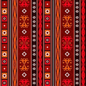 Ethnic striped pattern.Red, orange, black ornament on a brown background.
