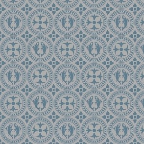 Medieval Fish and Flowers in Roundels, slate blue on grey