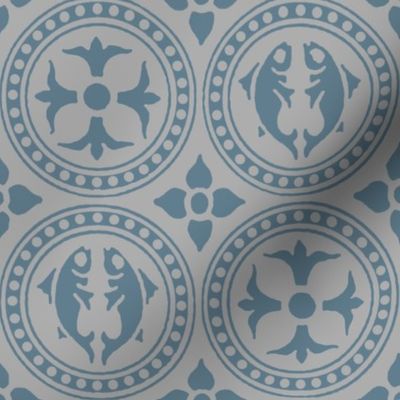Medieval Fish and Flowers in Roundels, slate blue on grey, large