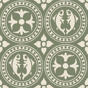 Medieval Fish and Flowers in Roundels, moss green and ivory, large