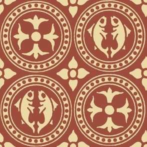 Medieval Fish and Flowers in Roundels, coral red and pale yellow, large
