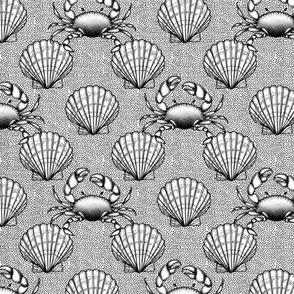 Little Crabs On Tye Half Shell Black And  White