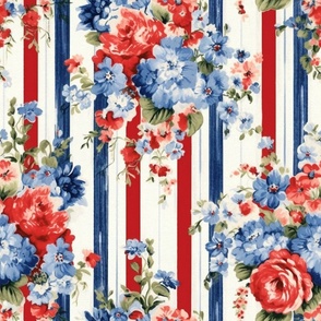 Blue and red flowers,roses,stripes,vintage flowers ,shabby red white and blue 