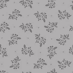 Berries and leaves in polka dots style - dark grey on light grey background