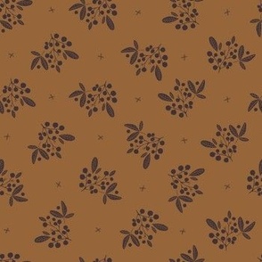 Berries and leaves in polka dots style - dark eggplant violet on copper brown background