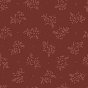 Berries and leaves in polka dots style - marsala red on redwood red background