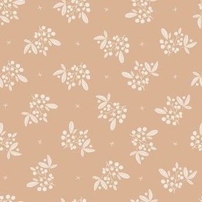 Berries and leaves in polka dots style - beige on sand brown background