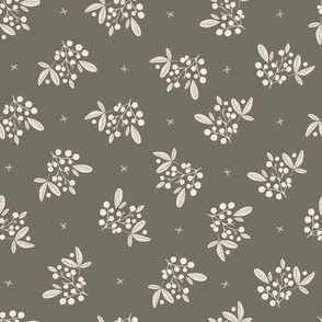 Berries and leaves in polka dots style - white on pastel artichoke green background