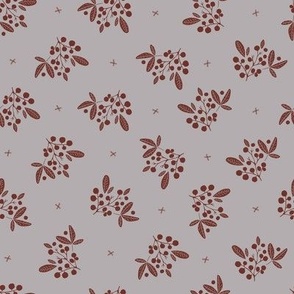 Berries and leaves in polka dots style - maroon red on grey background