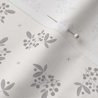 Berries and leaves in polka dots style - muted grey on white background