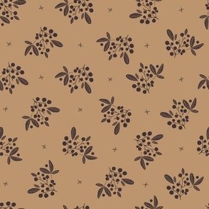 Berries and leaves in polka dots style - dark eggplant violet on brown background