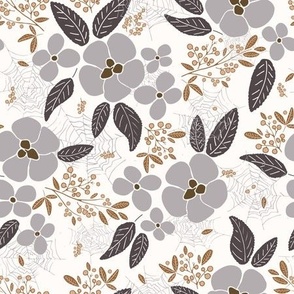 Flowers, leaves, berries and cobweb in forest floral design - eggplant violet, grey, brown on white background