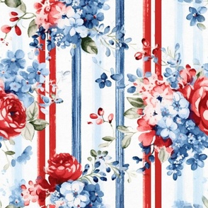 Blue and red flowers,roses,stripes,vintage flowers  shabby red white and blue 