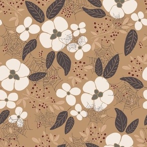 Flowers, leaves, berries and cobweb in forest floral design - eggplant violet, white, red, sand brown on brown background