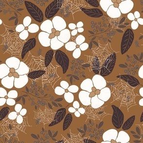 Flowers, leaves, berries and cobweb in forest floral design - eggplant violet, white, grey on copper brown background
