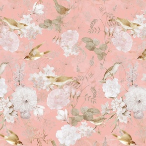  Vintage Golden Summer Birds And White Roses Romanticism: Maximalism Moody Florals - Antiqued blush Peonies and Nostalgic Animals- Antique Botany Wallpaper and Victorian Mystic inspired for powder room - peach 