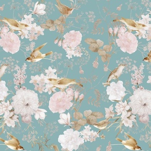  Vintage Golden Summer Birds And White Roses Romanticism: Maximalism Moody Florals - Antiqued blush Peonies and Nostalgic Animals- Antique Botany Wallpaper and Victorian Mystic inspired for powder room - light teal 