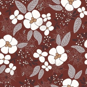 Flowers, leaves, berries and cobweb in forest floral design - eggplant violet, white, grey on dark red background