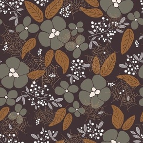 Flowers, leaves, berries and cobweb in forest floral design - white, artichoke green, brown on eggplant violet background