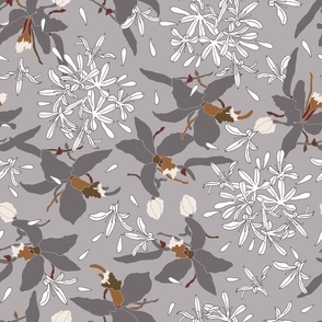 Tropical Floral design with orchids and agapanthus in dark grey, white, brown, greenish brown on light grey background