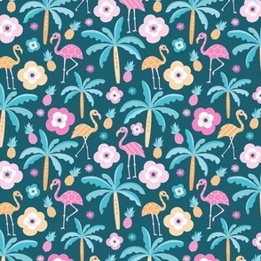 Hot summer cutesy ocean flamingo pineapple palm tree and flowers island design pattern pink yellow aqua blue on teal SMALL 