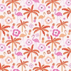 Hot summer cutesy ocean flamingo pineapple palm tree and flowers island design pattern pink red yellow on ivory SMALL 