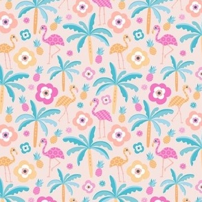 Hot summer cutesy ocean flamingo pineapple palm tree and flowers island design pattern pink yellow aqua blue SMALL 