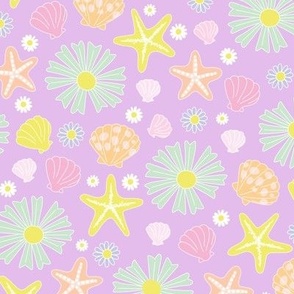 Sea shells starfish flower power retro summer mermaid design girls blue yellow pink on lilac
