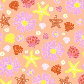 Sea shells starfish flower power retro summer mermaid design girls pink yellow on orange coral