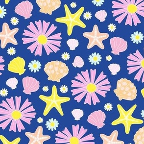 Sea shells starfish flower power retro summer mermaid design girls pink yellow on navy blue