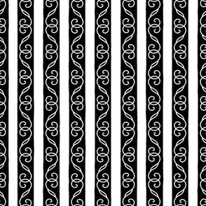 White Scrolls with White Stripes on Black