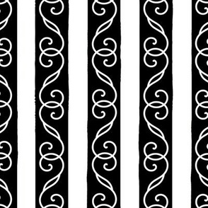 Medium White Scrolls with White Stripes on Black