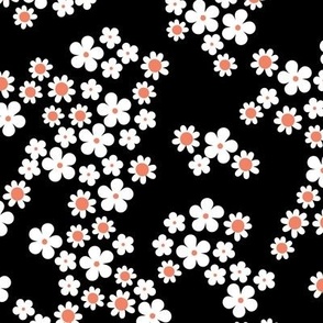 Boho Summer Dream Flower Patch - Seventies ditsy retro flowers white sienna on black