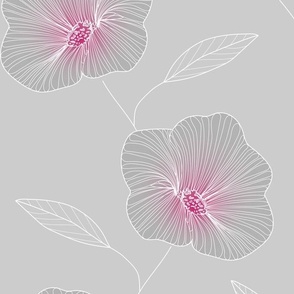 hibiscus outline on  grey with pink centers