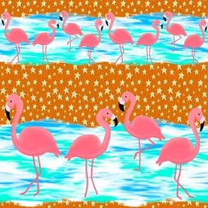 Flamingos and Stars on the Beach, Gold Stars on Orange