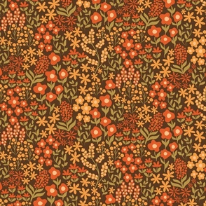 Ditsy warm flowers - brown, orange and red. Blooming Autumn. Fall vibes. SMALL