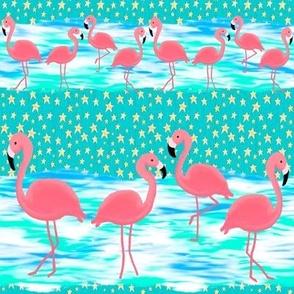 Flamingos and Stars on the Beach, Gold Stars on Aqua Blue